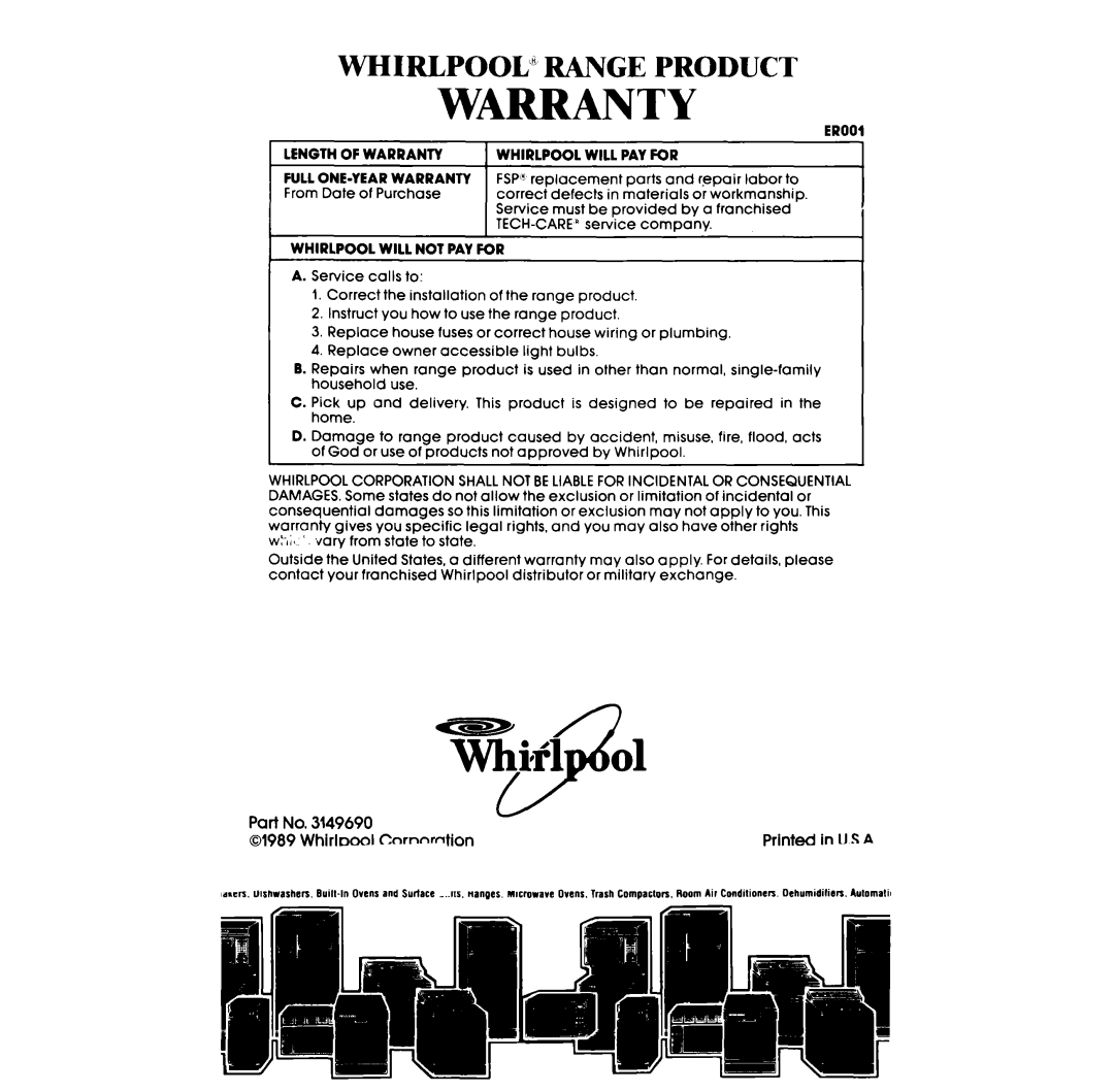 Whirlpool RF385PCV manual Warranty, Vhf1, Wirlpool” Range Product 