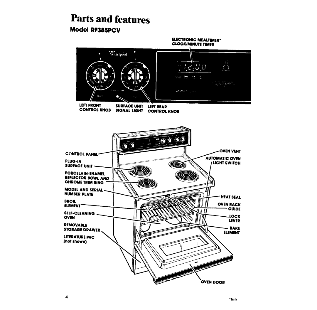 Whirlpool manual Parts and features, Model RF385PCV, ‘Tmk 