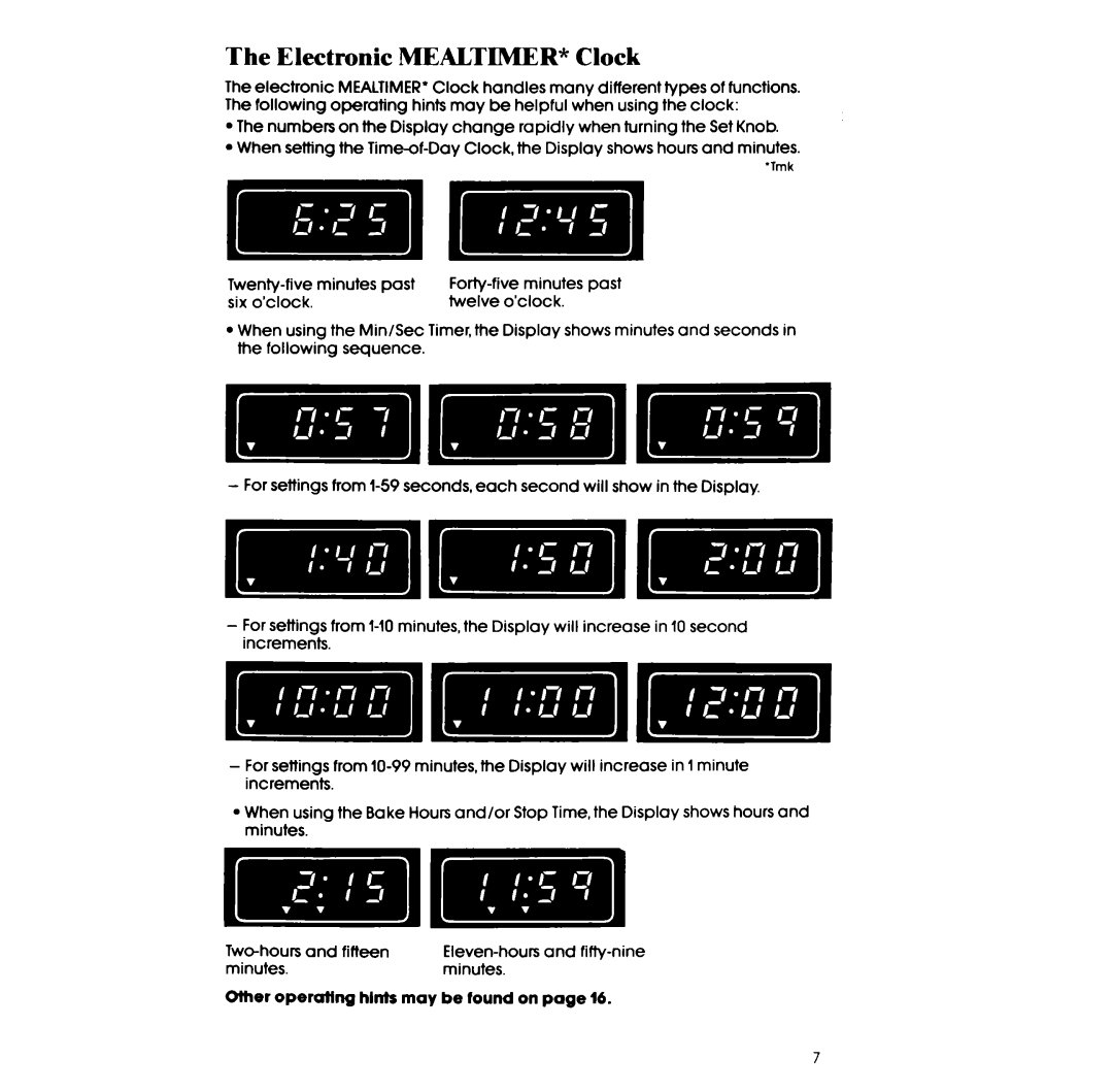 Whirlpool RF385PCV manual The Electronic MEALTIMER* Clock, Other operatlng hints may be found on page 