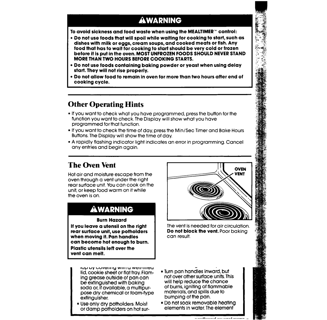 Whirlpool RF385PXW, RF385PCW manual Other Operating Hints, Oven Vent 