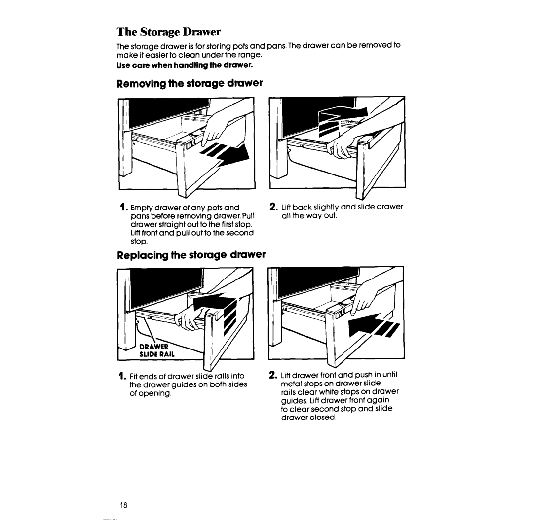 Whirlpool RF385PCW, RF385PXW manual Storage Drawer, Removing the storage drawer, Replacing the storage drawer 