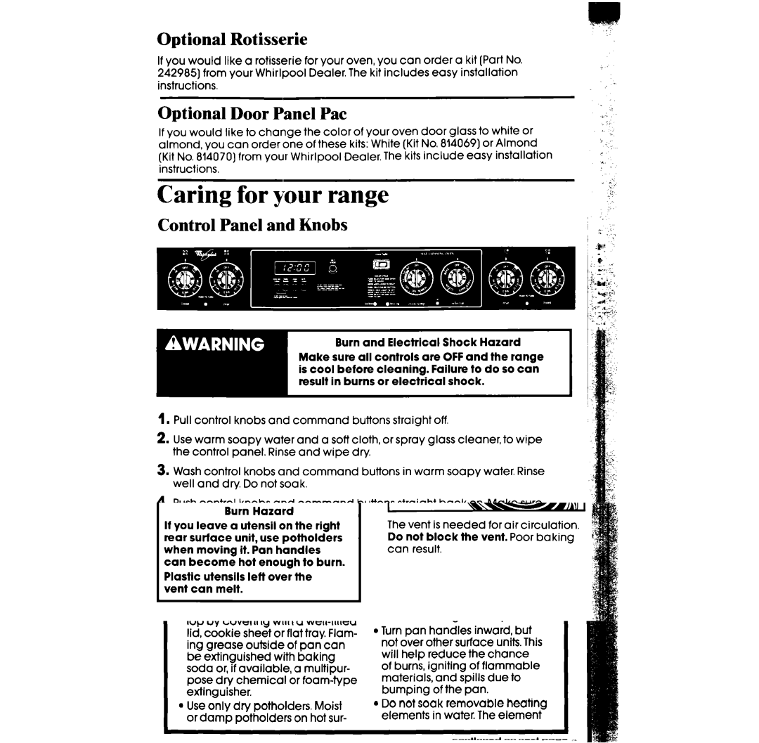 Whirlpool RF385PXW, RF385PCW manual Optional Rotisserie, Optional Door Panel Pat, Control Panel and Knobs 