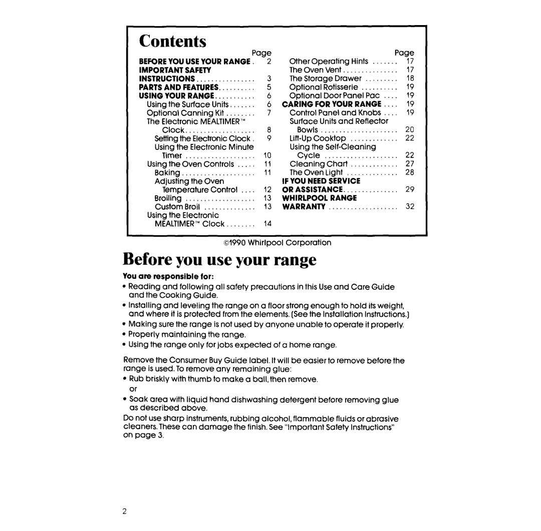 Whirlpool RF385PCW, RF385PXW manual Contents 