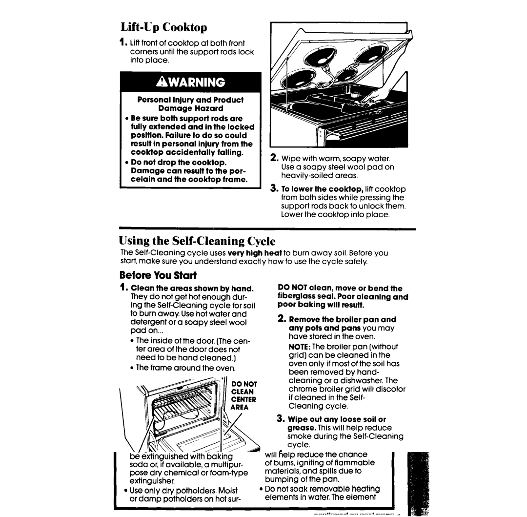 Whirlpool RF385PCW, RF385PXW manual Lift-Up Cooktop, Using the Self-Cleaning Cycle, Before You Start 