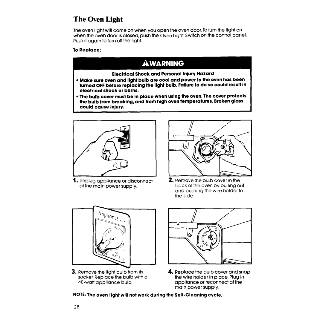 Whirlpool RF385PCW, RF385PXW manual Oven Light 