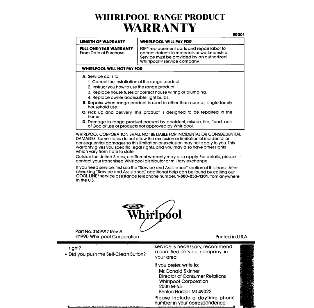 Whirlpool RF385PCW, RF385PXW manual Warranty, Part No l7 Rev.A Whirlpool Corporation 