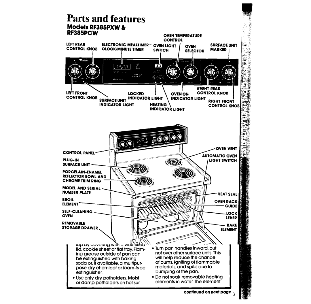 Whirlpool RF385PCW manual Parts and features, Models RF385PXW 