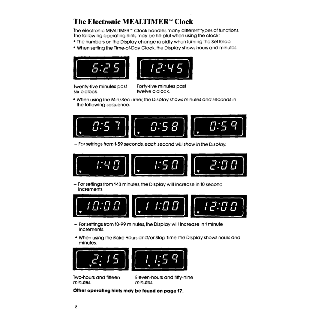 Whirlpool RF385PCW, RF385PXW manual Electronic MEALTIMER’ Clock, Minutes 