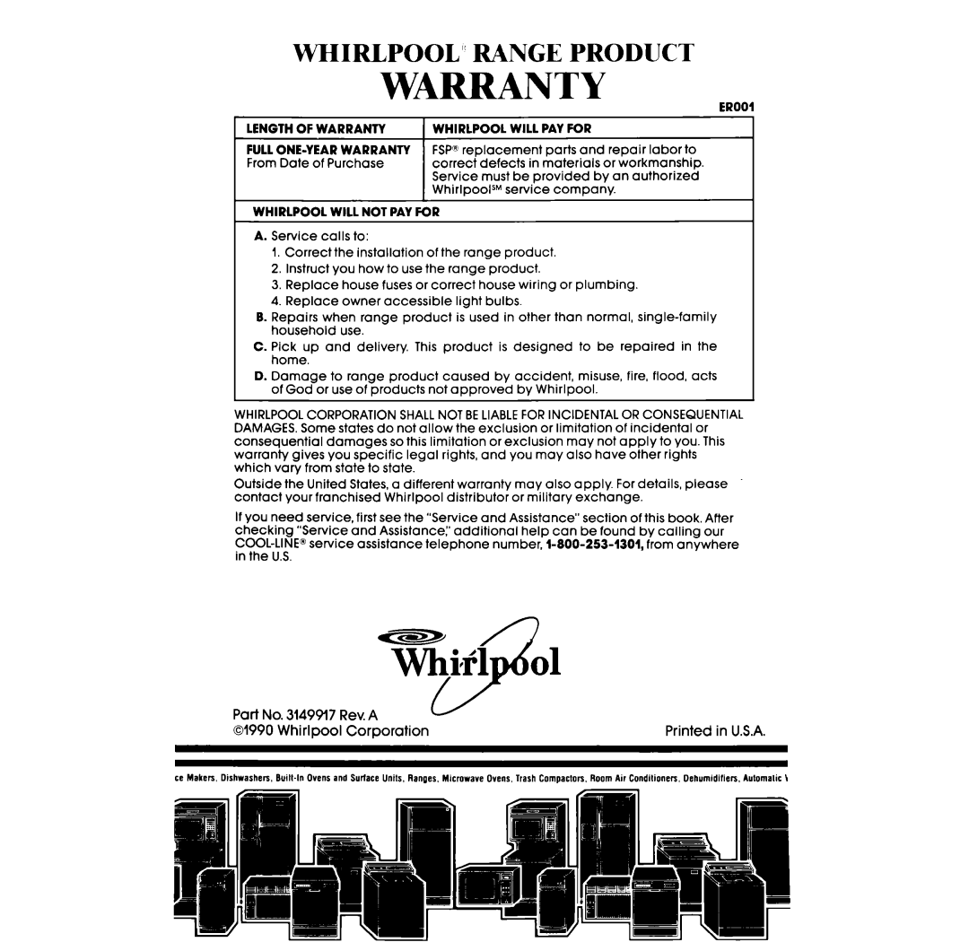 Whirlpool RF385PCW, RF385PXW manual Warranty, Whirlpool’! Range Product 