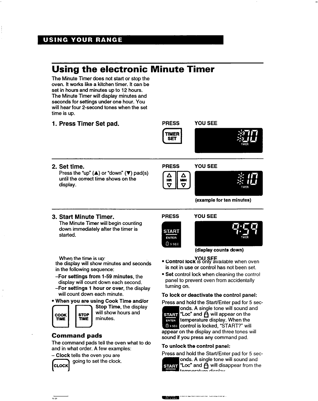 Whirlpool RF385PXD Using the electronic Minute Timer, Press Timer Set pad, Start Minute Timer, Turn off Minute Timer 