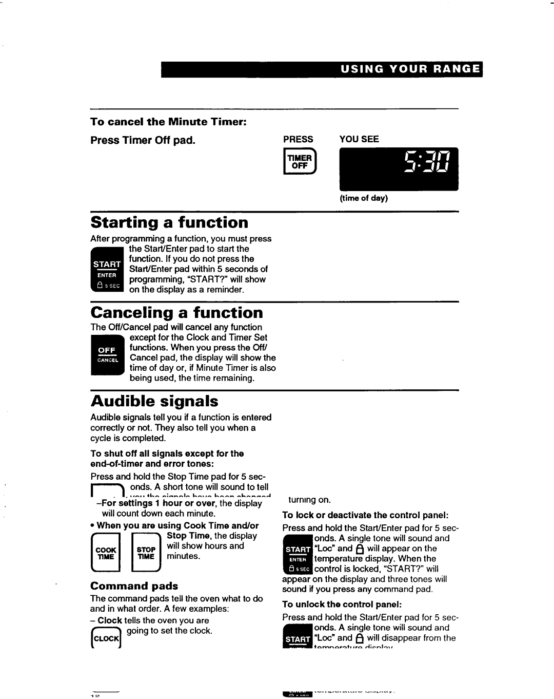 Whirlpool RF385PXD warranty Starting a function, Canceling a function, Audible signals, Press Timer Off pad 