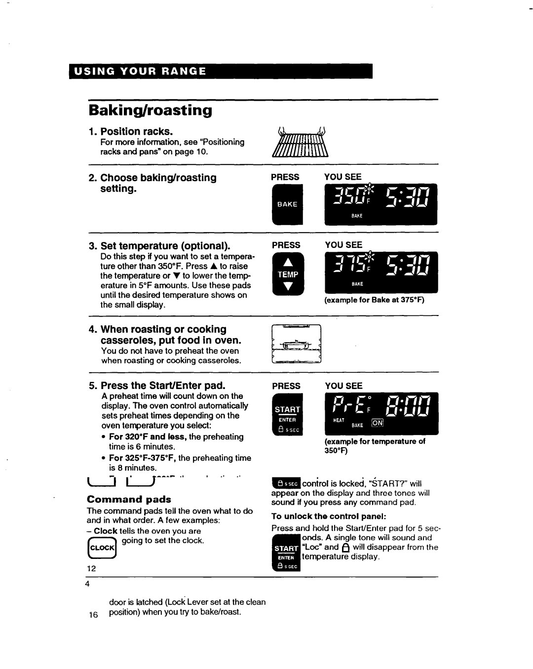 Whirlpool RF385PXD warranty Baking/roasting, Position racks, Choose baking/roasting setting Set temperature optional 