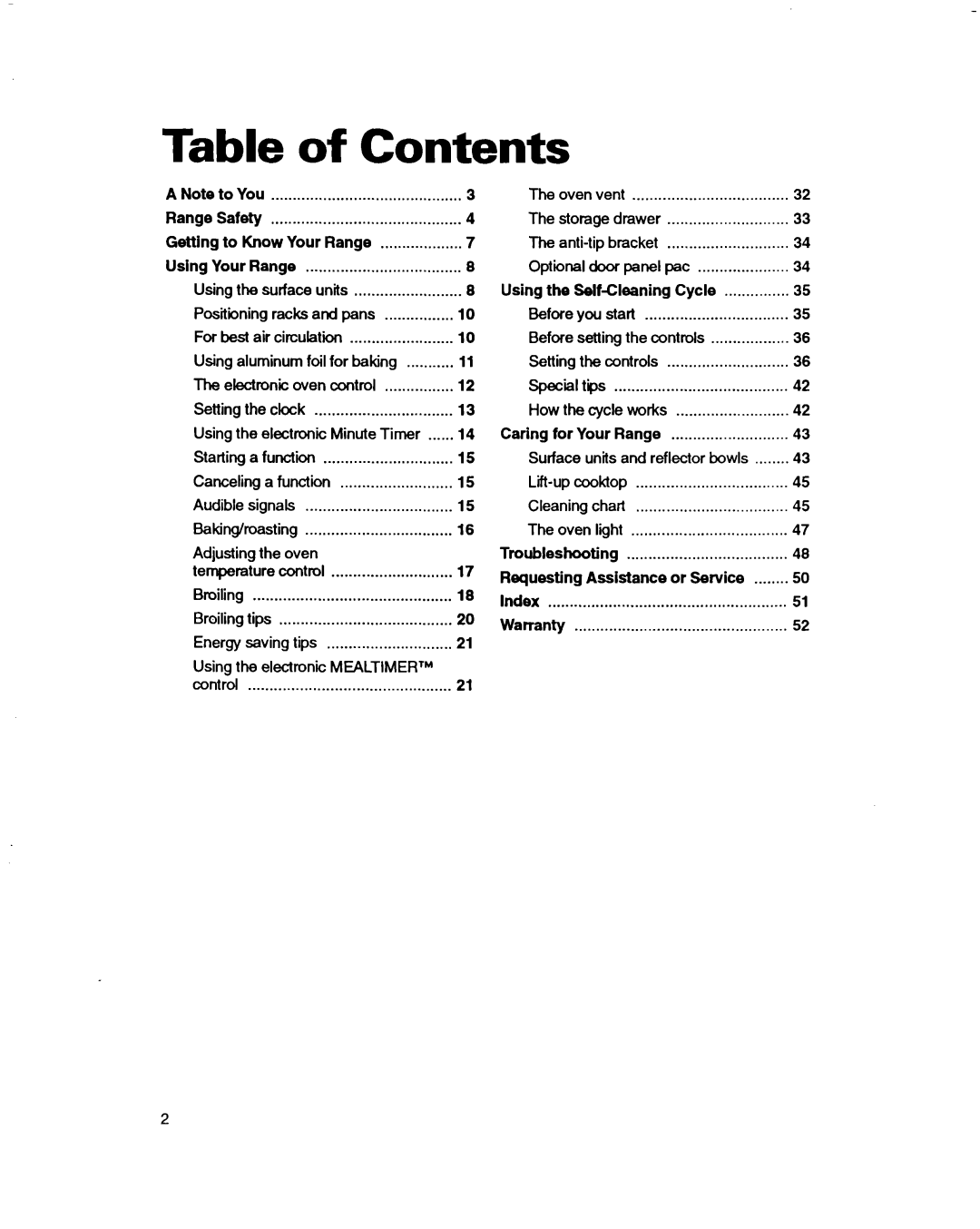 Whirlpool RF385PXD warranty Table of Contents 