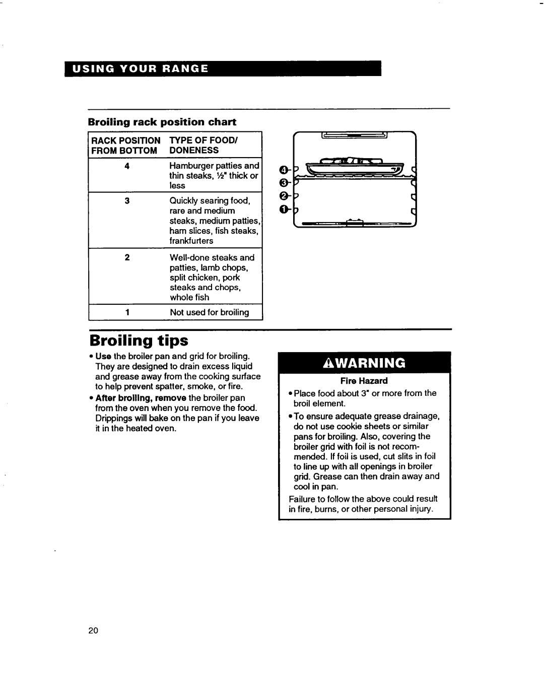 Whirlpool RF385PXD warranty Broiling tips, Broiling rack position chart, 3ACK POSlTlON Type of FOOD/ -ROM BOlTOM Doneness 