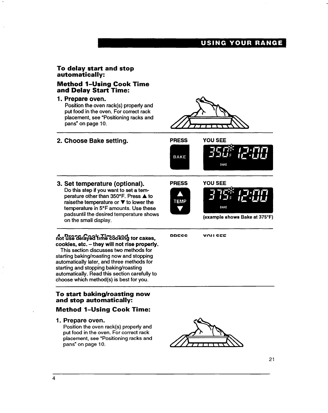 Whirlpool RF385PXD warranty Choose Bake setting, Press Cook Time pad Set cook time 