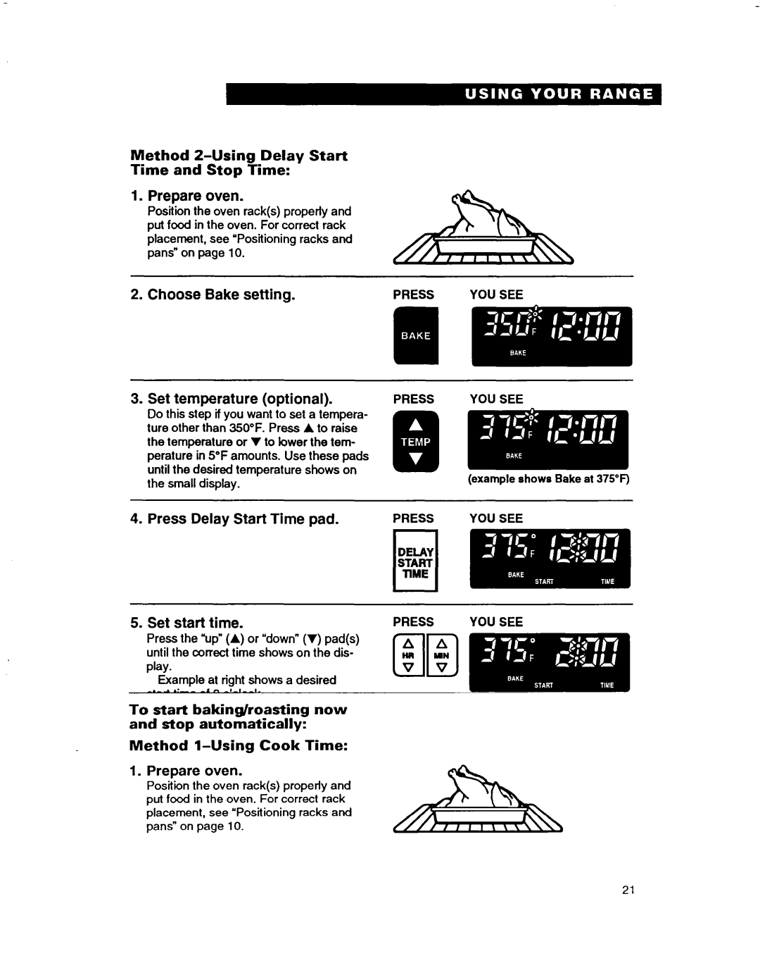 Whirlpool RF385PXD warranty Set start time Press Stop Time pad, Method 2-Using Delay Start Time and Stop Time 