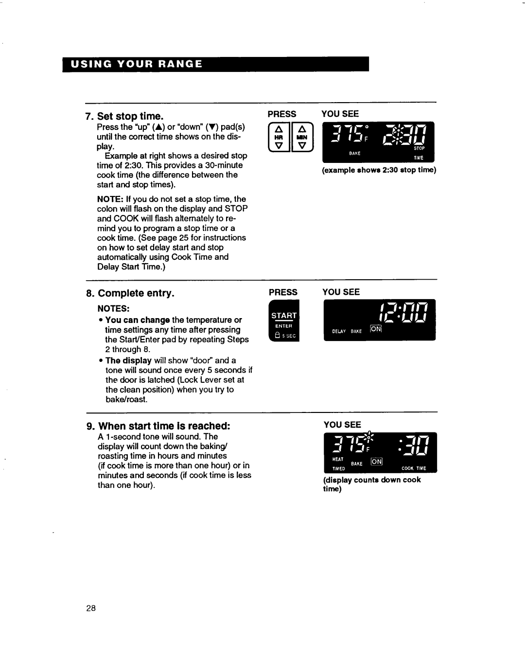 Whirlpool RF385PXD warranty Set stop time 