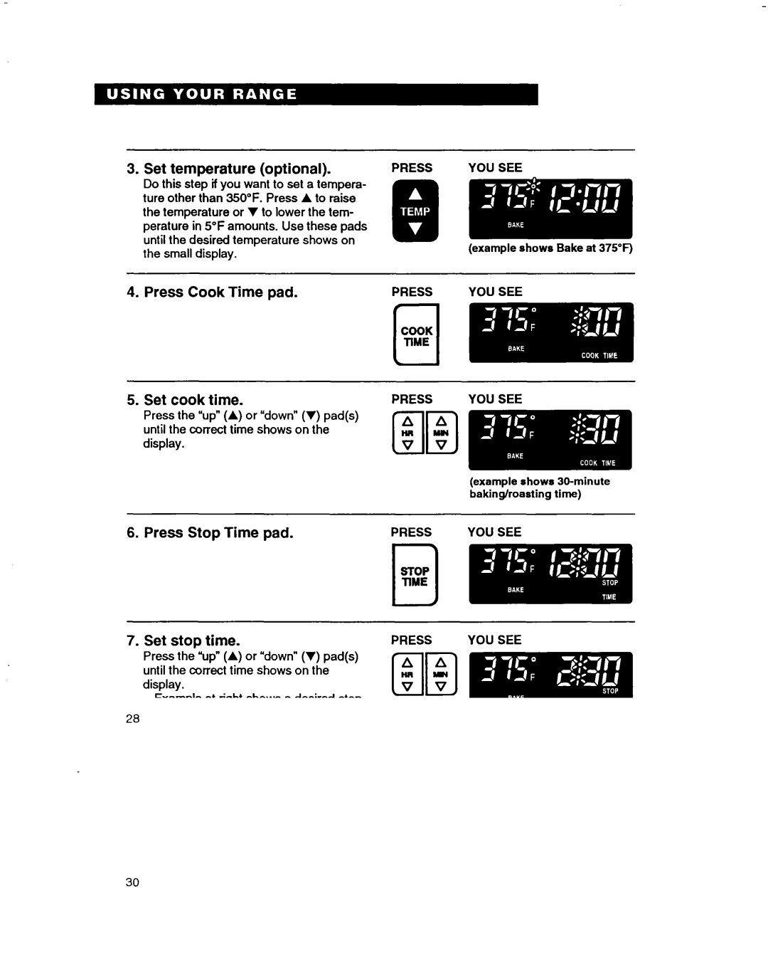 Whirlpool RF385PXD warranty Press Stop Time pad Set stop time 