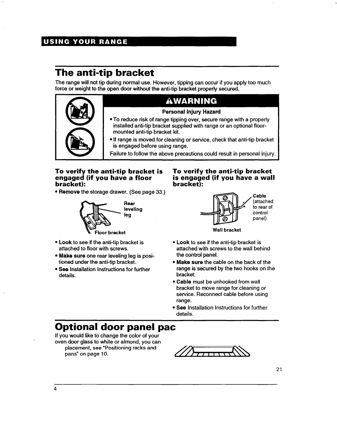 Whirlpool RF385PXD warranty Anti-tip bracket, Optional door panel pat 