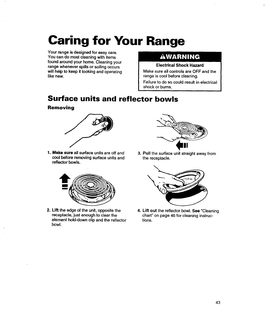 Whirlpool RF385PXD Caring for Your, Surface units and reflector bowls, Removing, Electrical Shock Hazard, Make sure 