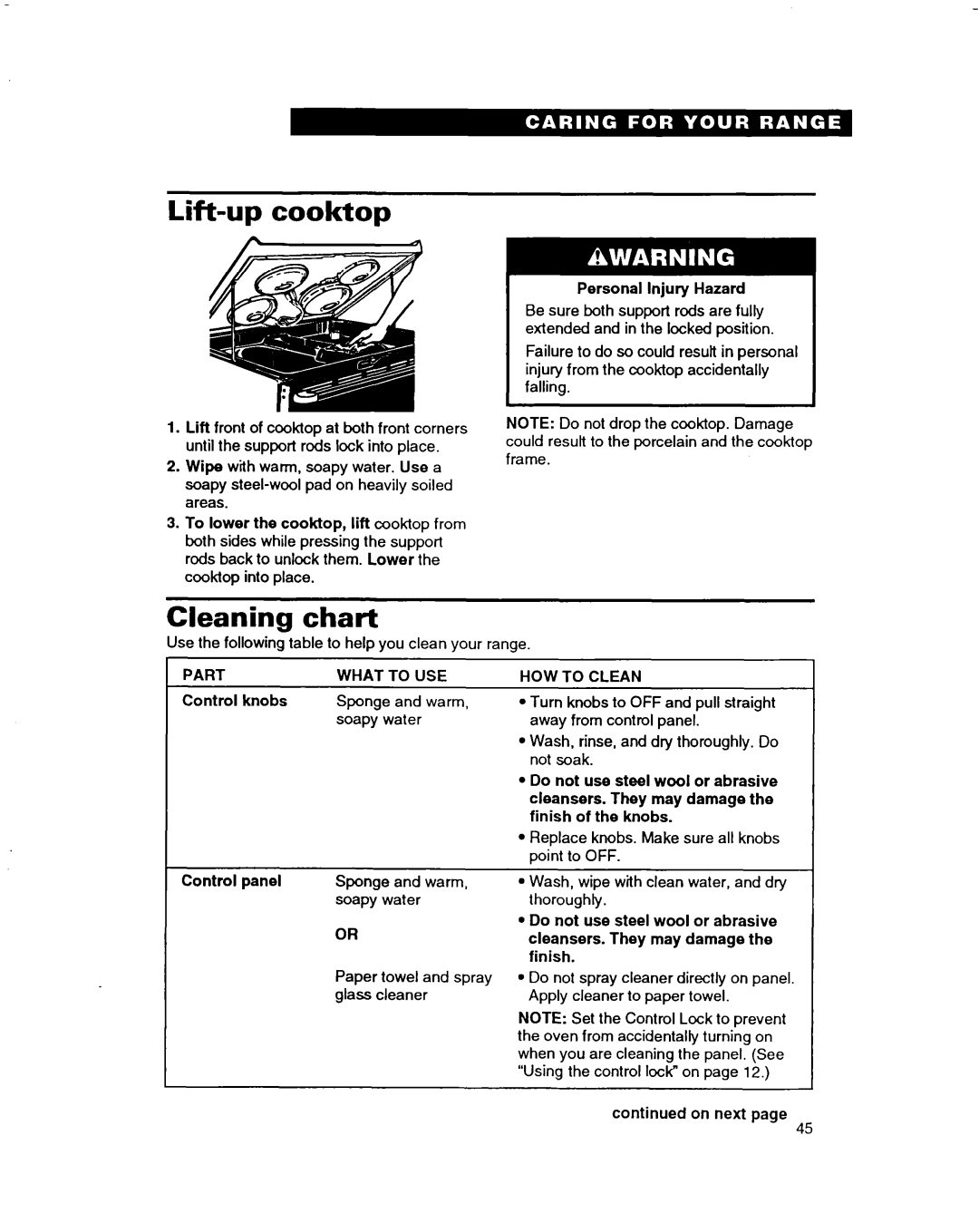 Whirlpool RF385PXD warranty Lift-up cooktop, Cleaning Chart, Part What to USE HOW to Clean, Control knobs 