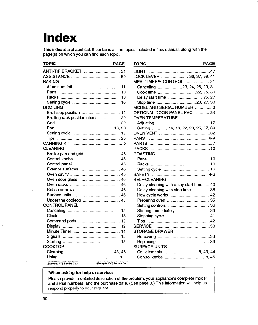 Whirlpool RF385PXD warranty Index, Topic 