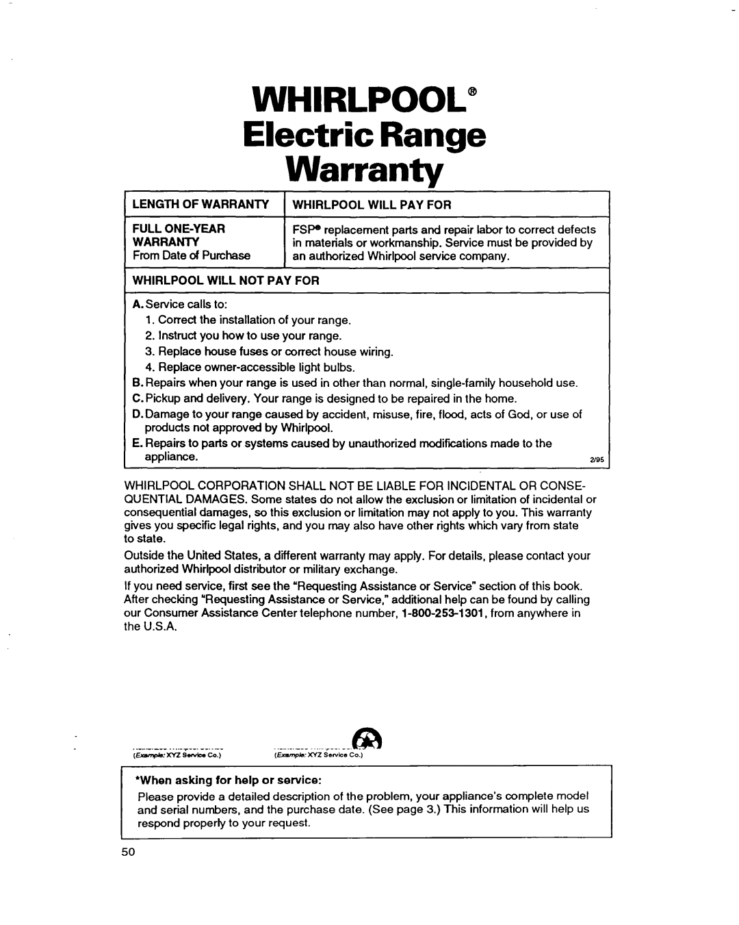 Whirlpool RF385PXD Electric Range Warranty, Length of Warranty Whirlpool will PAY for Full ONE-YEAR, LW.5 wNdpcdcolpordlon 