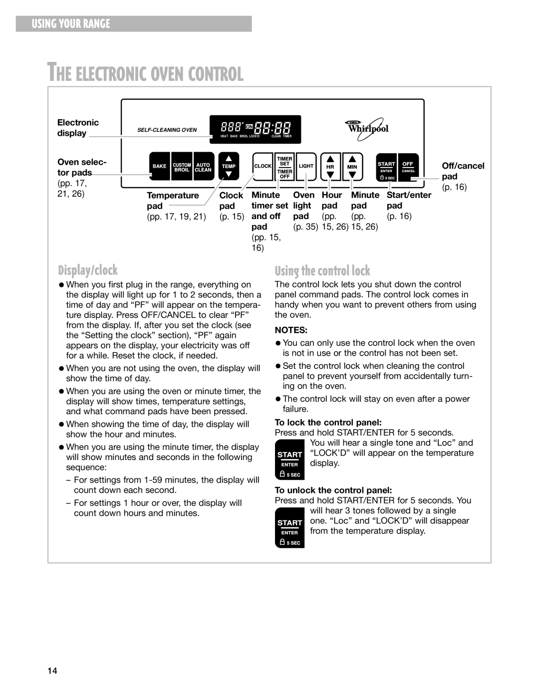 Whirlpool RF388LXG, RF385PXG, RF387LXH, RF386PXG warranty Electronic Oven Control, Display/clock, Using the control lock 