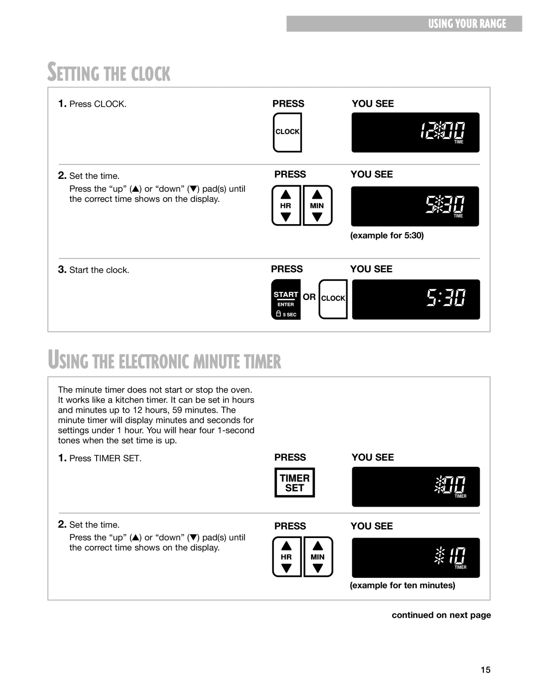 Whirlpool RF386PXG, RF385PXG, RF387LXH Setting the Clock, Using the Electronic Minute Timer, Press Clock, Example for 