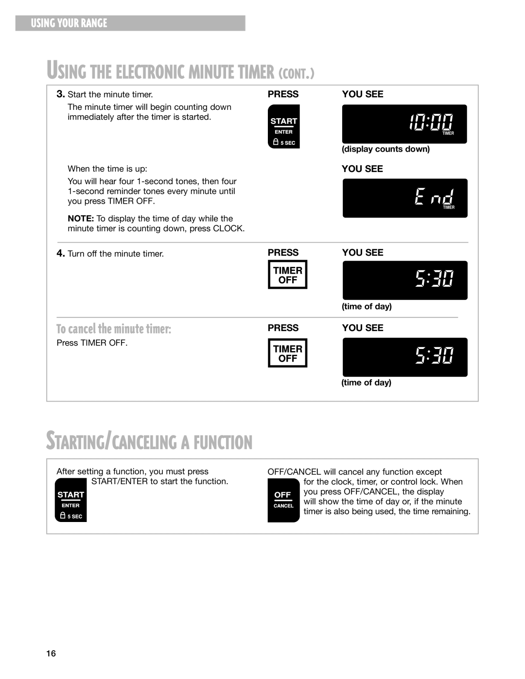 Whirlpool RF385PXG STARTING/CANCELING a Function, To cancel the minute timer, Turn off the minute timer, Time of day 