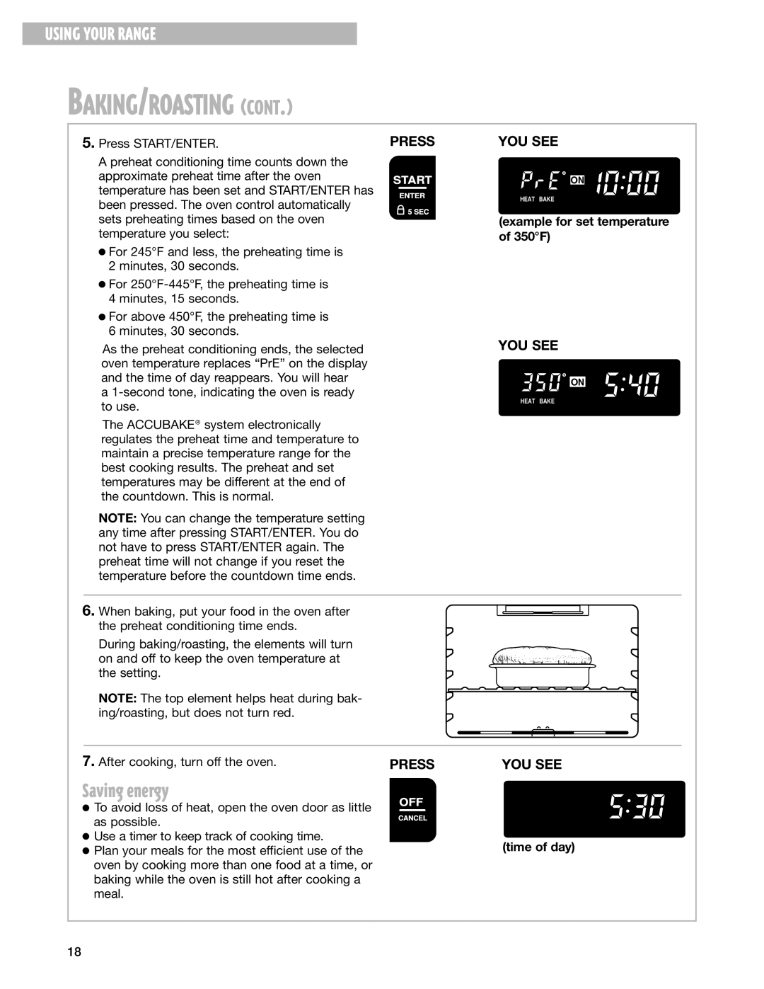 Whirlpool RF388LXG, RF385PXG, RF387LXH, RF386PXG warranty Saving energy, Example for set temperature of 350F 