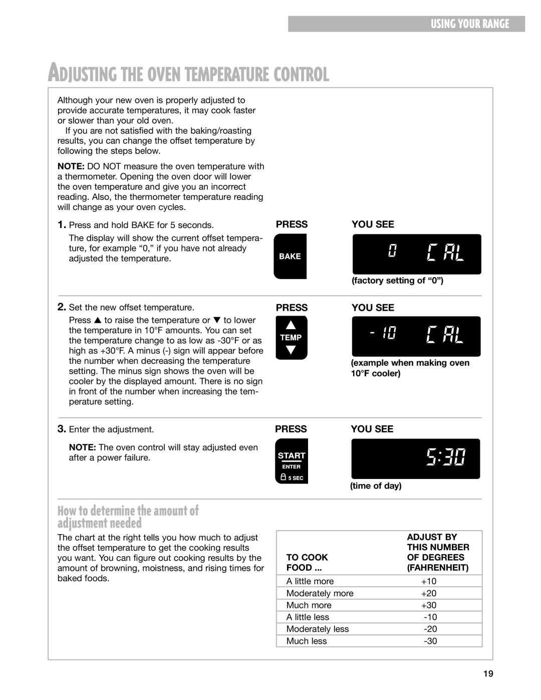 Whirlpool RF386PXG, RF385PXG, RF387LXH, RF388LXG warranty Adjust by, This Number, To Cook Degrees, Fahrenheit 