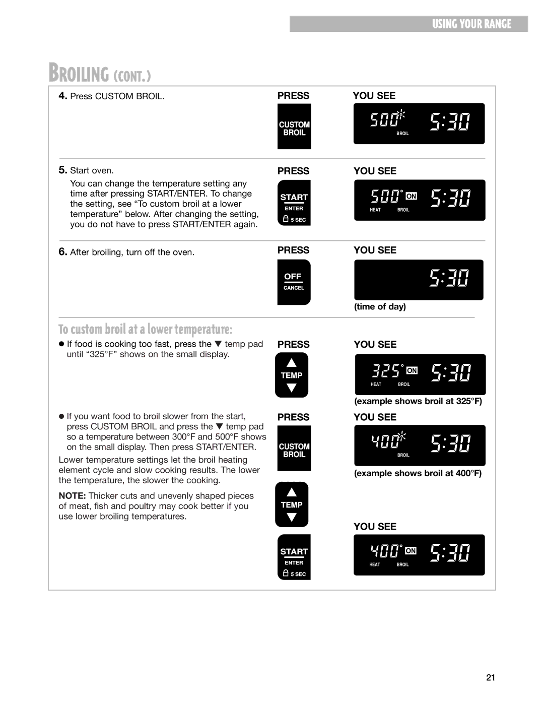 Whirlpool RF387LXH, RF385PXG, RF388LXG, RF386PXG warranty Example shows broil at 325F, Example shows broil at 400F 