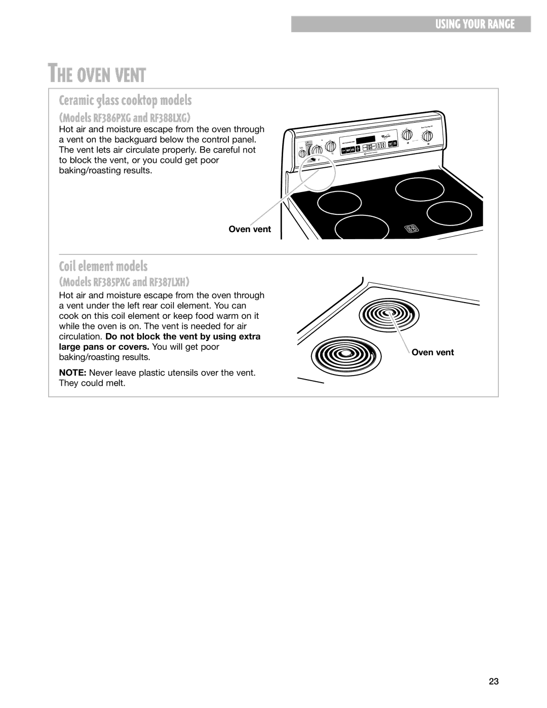 Whirlpool RF386PXG, RF385PXG, RF387LXH, RF388LXG warranty Oven Vent, Ceramic glass cooktop models, Coil element models 