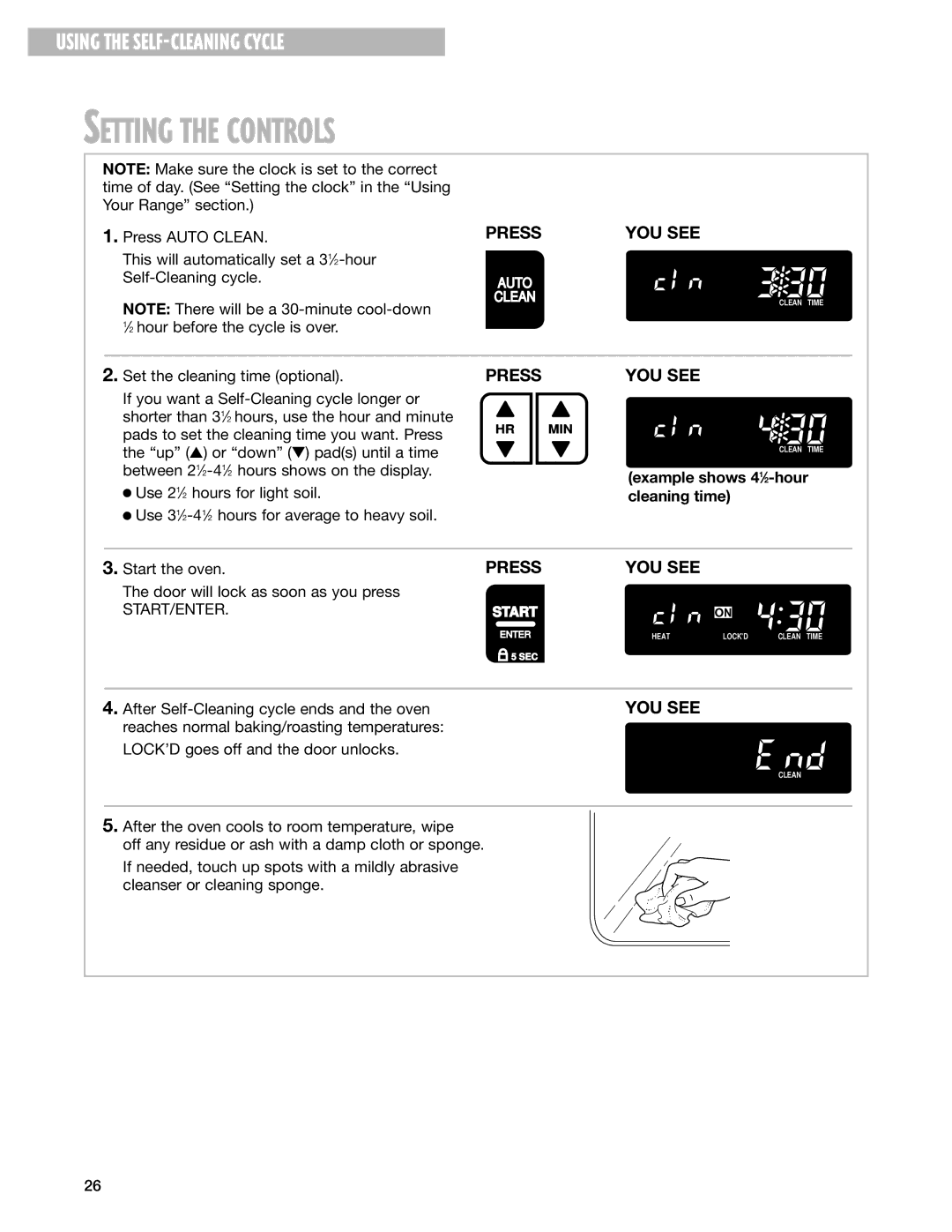 Whirlpool RF388LXG, RF385PXG, RF387LXH, RF386PXG warranty Using the SELF-CLEANING Cycle, Example shows 41⁄2-hour cleaning time 