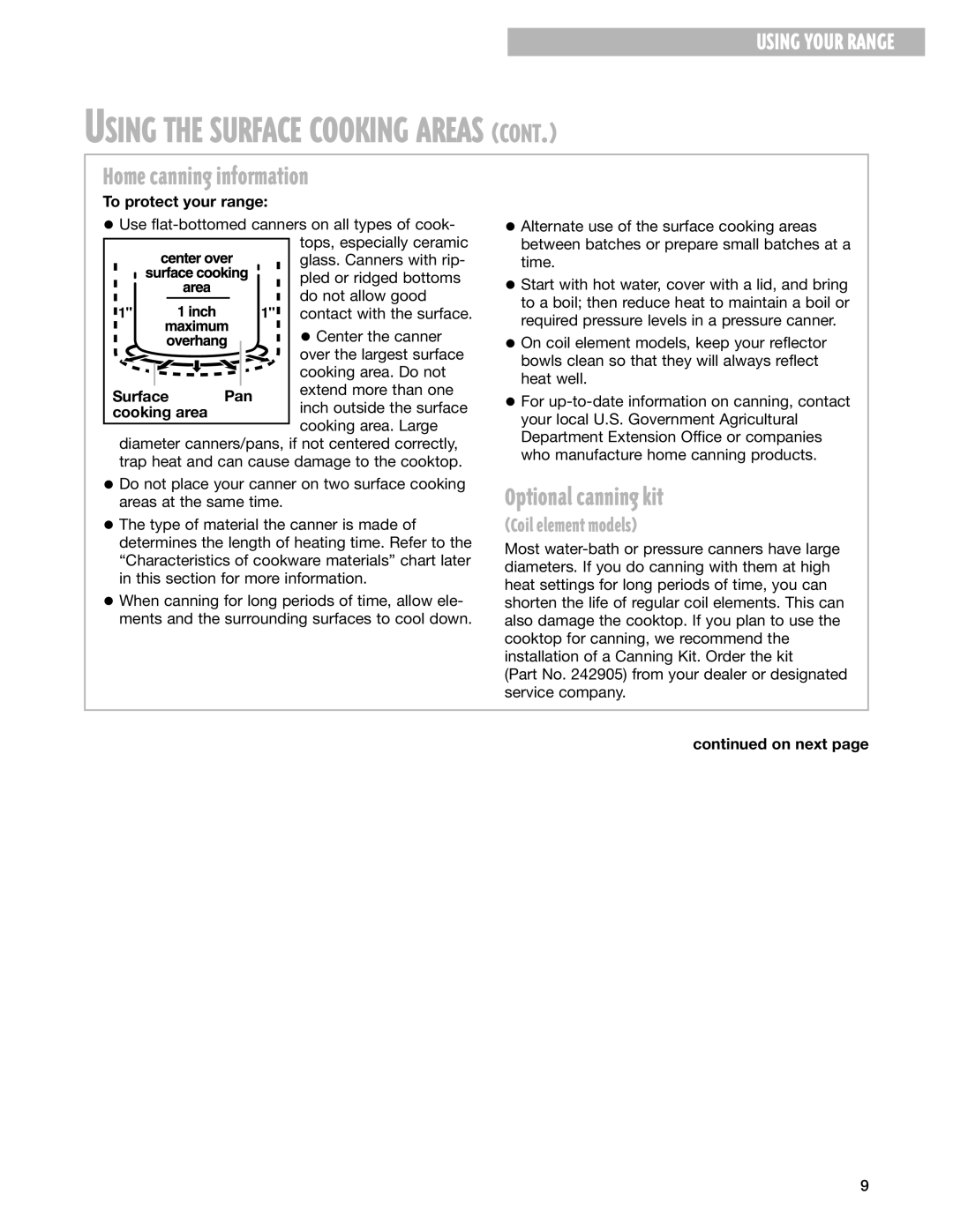 Whirlpool RF387LXH Home canning information, Optional canning kit, To protect your range, Surface Pan, Cooking area 