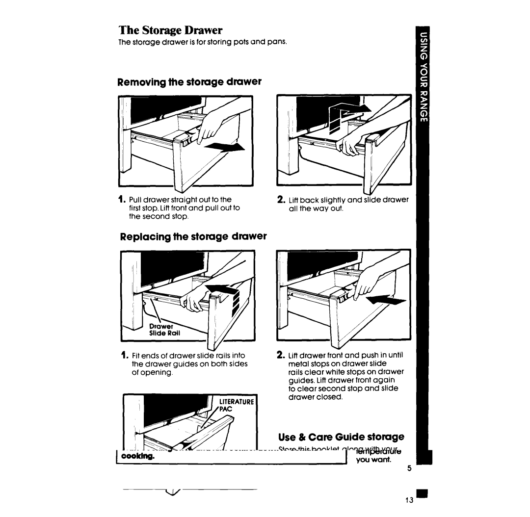 Whirlpool RF385PXP manual Storage Drawer, Removing the storage drawer, Replacing the stomge drawer, Use & Care Guide stomge 