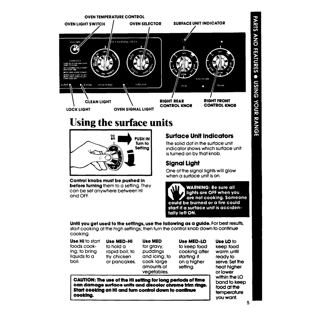 Whirlpool RF385PXP manual Using the surface units, Surface Unit Indicators, Signal light 