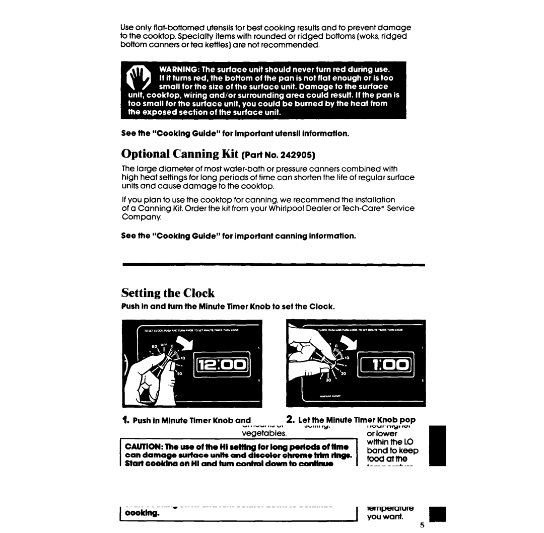 Whirlpool RF385PXP manual Optional Canning Kit Part no, Setting the Clock 