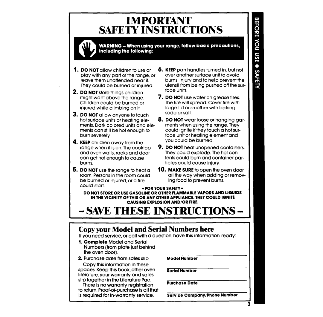 Whirlpool RF385PXP manual Safety Instructions, Saw These Instructions, Copy your Model and Serial Numbers here 