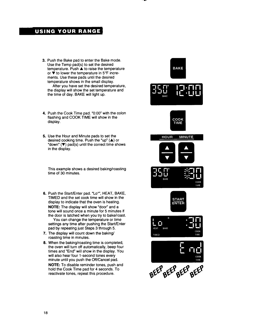 Whirlpool RF385PXY manual Display will count down the baking/ roasting time in minutes 