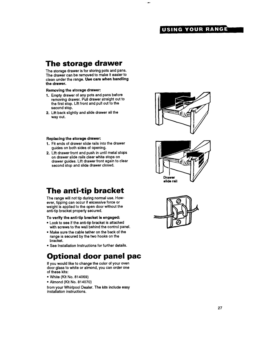 Whirlpool RF385PXY manual Storage drawer, Anti-tip bracket, Optional door panel pat 