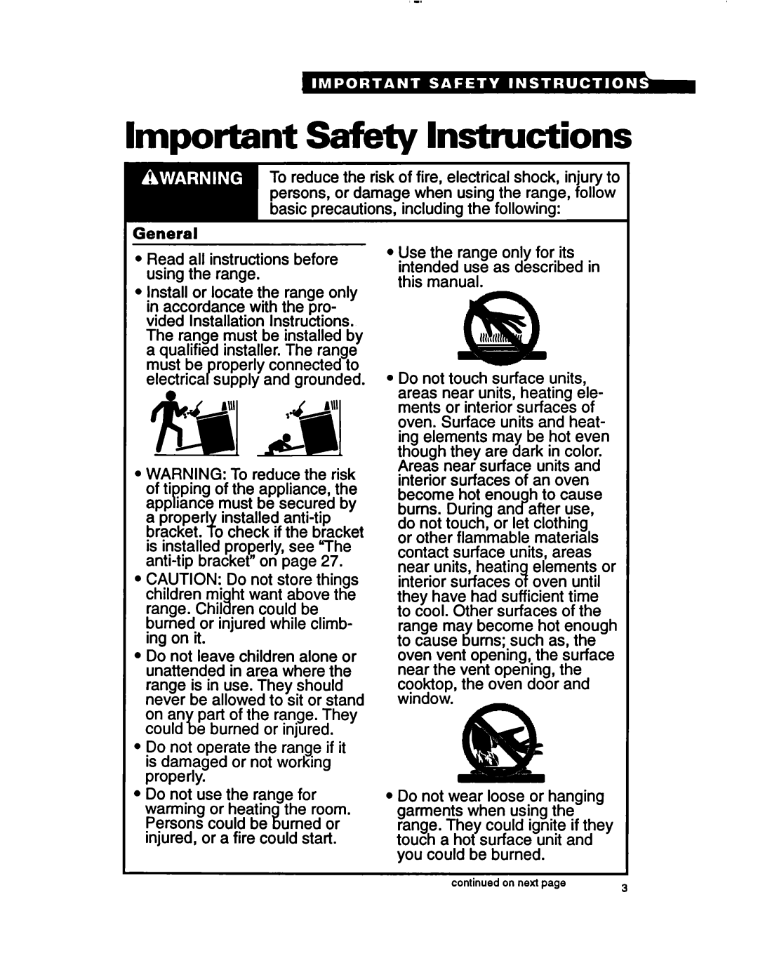 Whirlpool RF385PXY manual Important Safety Instructions, General Read all instructions before using the range 