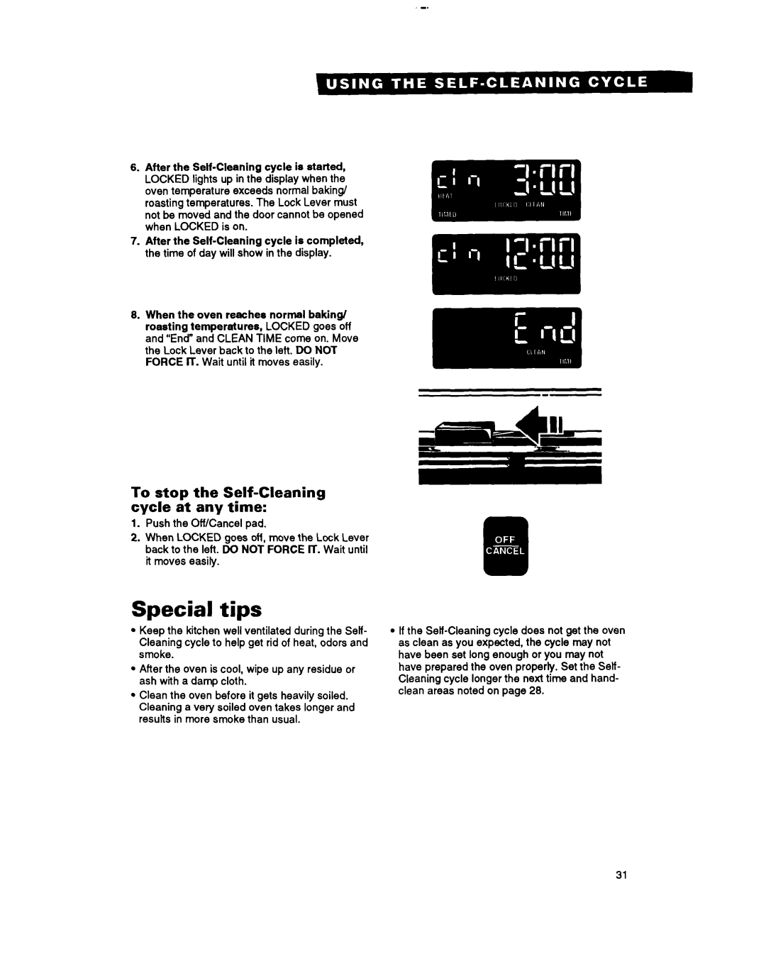 Whirlpool RF385PXY manual Special tips, To stop the Self-Cleaning cycle at any time 