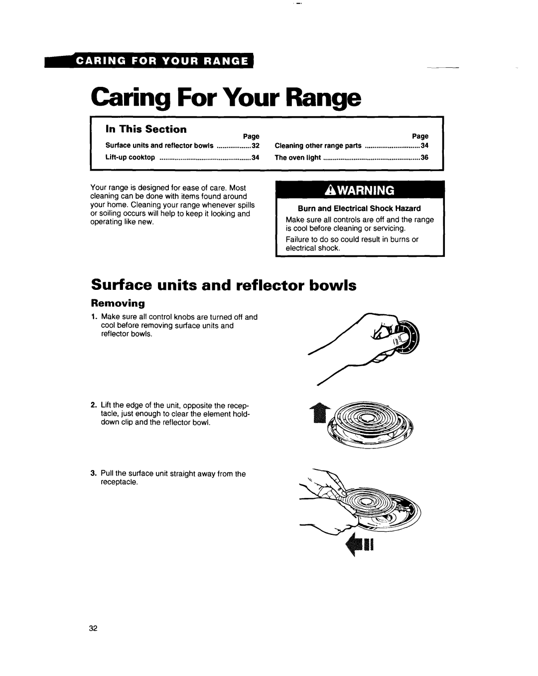 Whirlpool RF385PXY manual Caring For Your Range, Surface units and reflector bowls, Removing 