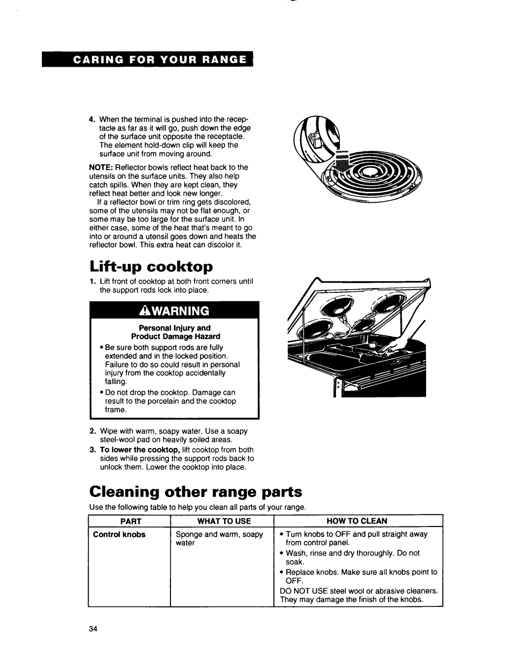 Whirlpool RF385PXY manual Lift-up cooktop, Cleaning other range parts, Part What To USE, HOW to Clean 