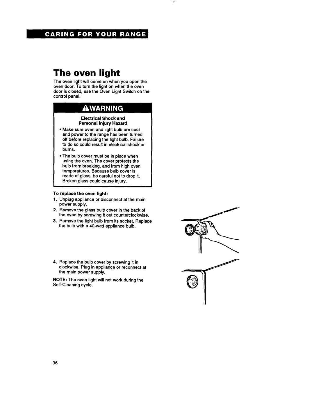 Whirlpool RF385PXY manual Oven light 