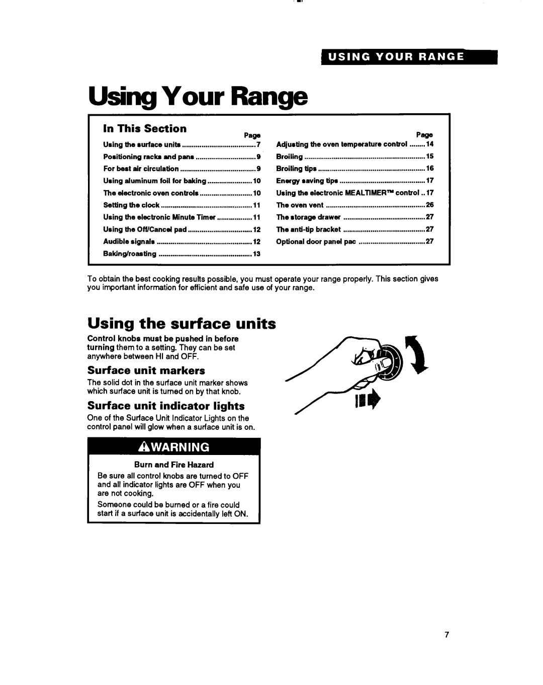 Whirlpool RF385PXY manual Using Your Range, Using the surface units, This Section, Surface unit markers 