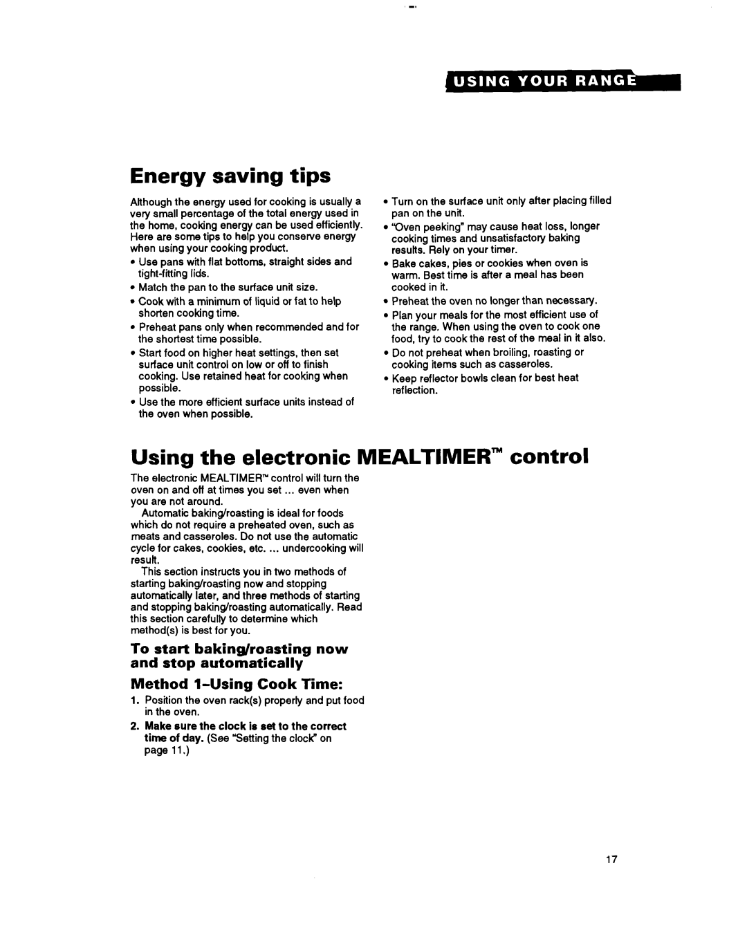 Whirlpool RF385PXY manual Energy saving tips, Using the electronic MEALTIMER” control, Method l-UsingCook Time 