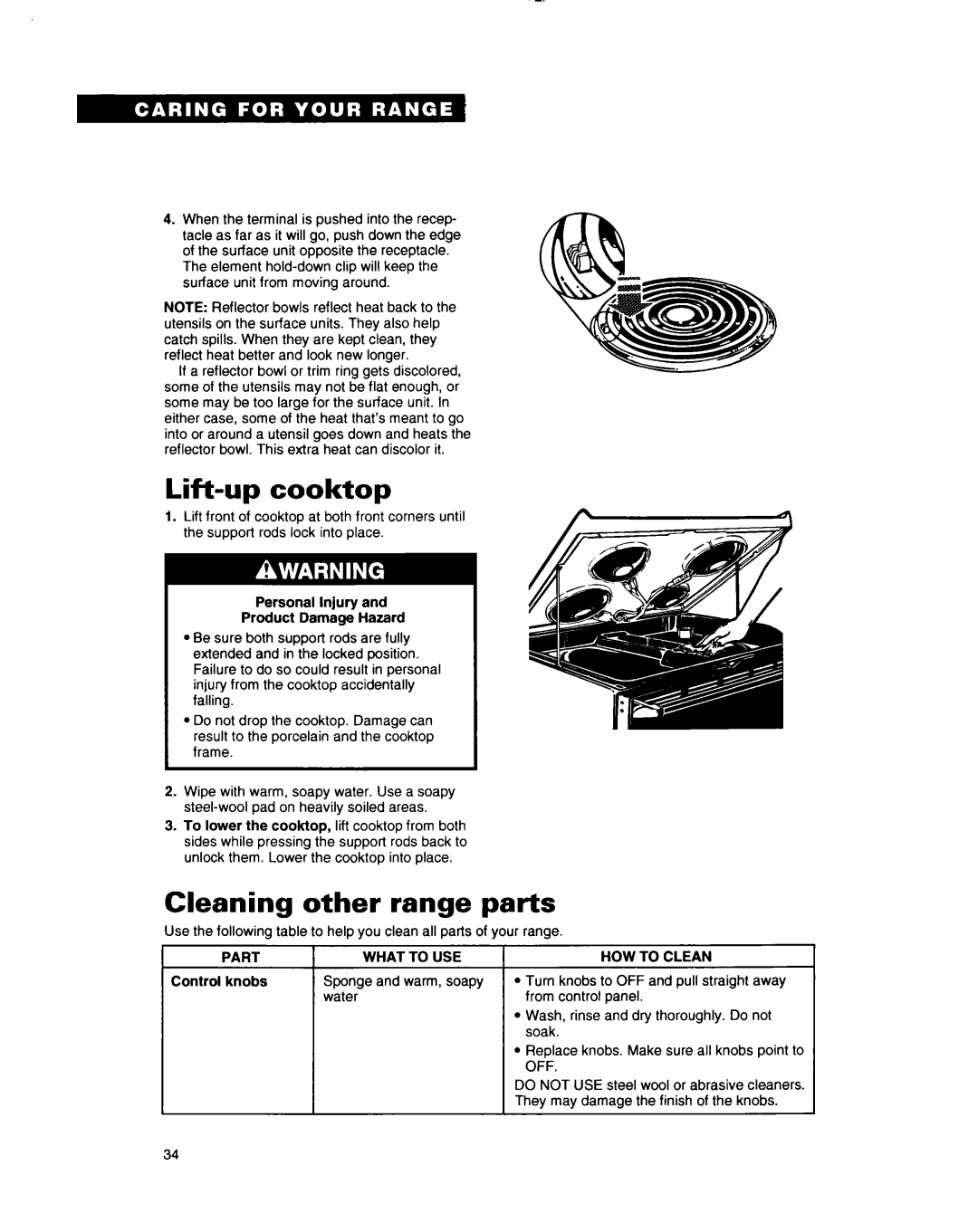 Whirlpool RF385PXY manual Lift-upcooktop, Cleaning other range parts 